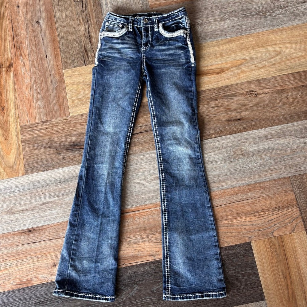 Answer Me Rhinestones Bootcut Girls Jeans Size 0 Dark Wash Embellished; Size 16